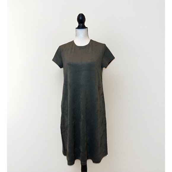 J McLaughlin Swing Dress Cap Sleeve Olive Green Faux Suede Size M Pockets - Picture 4 of 15